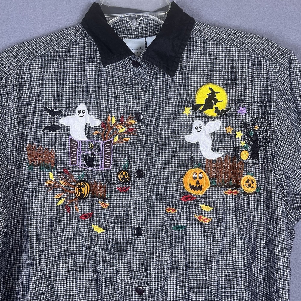 Vintage Halloween Embroidered Pumpkin Ghost Denim Shirt Sz M